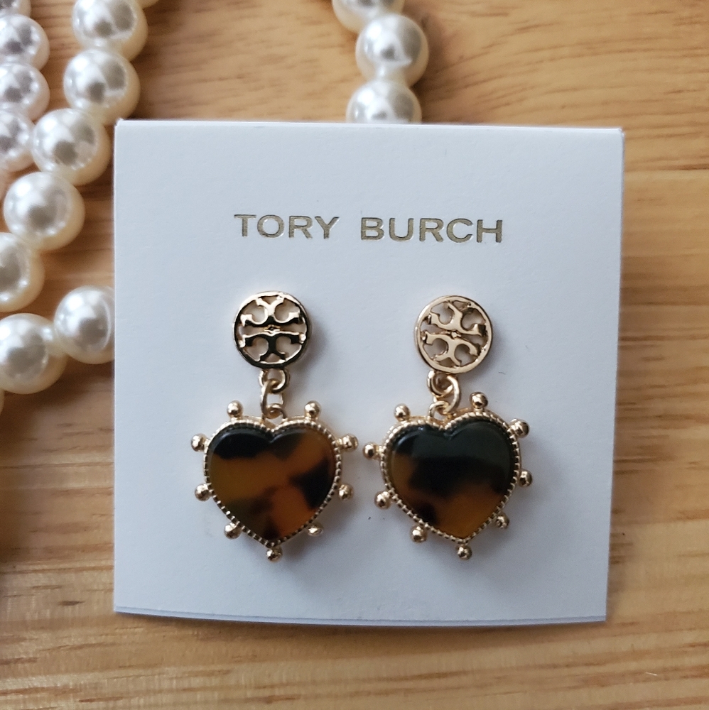Tory Burch Resin Brown Heart Logo Small Drop Earrings